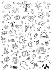 Hand-drawn summer doodles, elements for beach parties, vacations and travel. drawing on a white background. doodle art. black white drawing.
