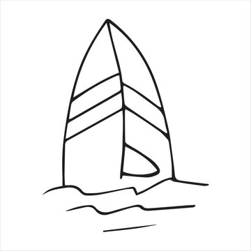 recommend clip art: surfboard. it stands on the sand near the beach. doodle style drawing. black and white color. light drawing on a white background. vector format. water sports. swimming on a wave.