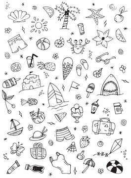 Hand-drawn summer doodles, elements for beach parties, vacations and travel. drawing on a white background. doodle art. black white drawing.