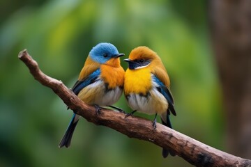 Happy duo birds perching on thin branch singing together. Generative AI