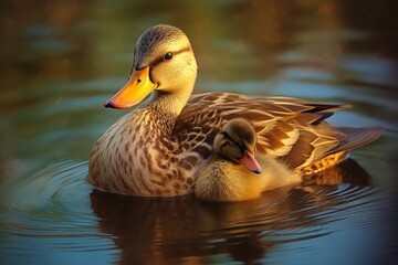 Lovely baby Duck and mother duck. Generative AI