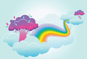A fictional landscape. Trees grow on clouds. The clouds are connected by a rainbow. Cartoon background.
