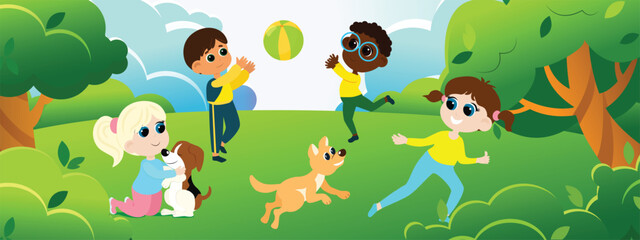 A group of international children are playing in a green park. In the meadow, a girl hugs her dog, runs with a pet, boys play ball. Spring and summer children's activity in nature.