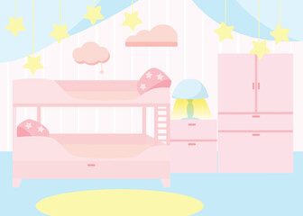 Children's room bedroom in a cartoon style. In the room there is a two-story bed and a wardrobe, a bedside table, a table lamp. Background for design in pink and blue tones.
