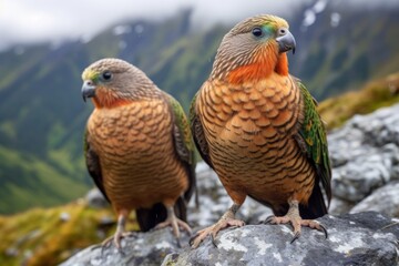 Keas (Alpine Parrots) sitting together, Arthur's Pass National Park. Generative AI