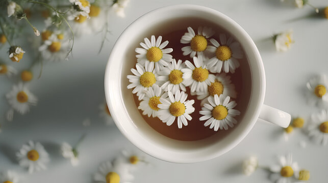 Herbal tea with chamomile and flower buds next to it on a white table, close-up. Healthy herbal drinks and the concept of a natural healer. Generative AI.