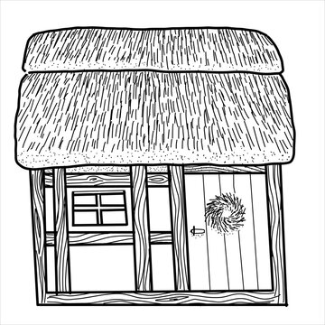 Rustic small wooden house,chicken coop, perch, barn, outhouse for animals. Farm Eco Village. Isolated elements. Stock illustration. Hand painted line art, doodle.