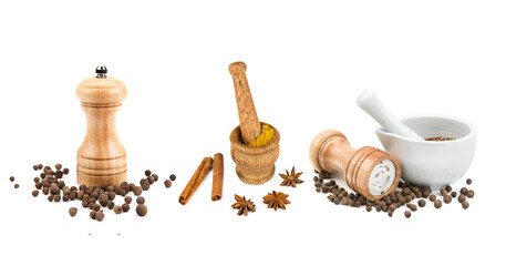 Set of spices and seasonings isolated on white . Collage. Wide photo.
