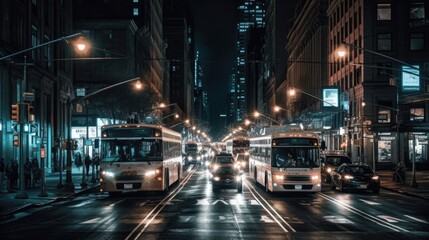 Fototapeta na wymiar Night city landscape of busy avenue with cars and public transportation