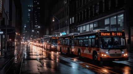 Fototapeta na wymiar Night city landscape of busy avenue with cars and public transportation