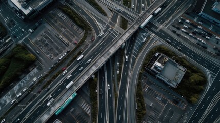 Aerial view of self driving cars and trucks in modern city highway
