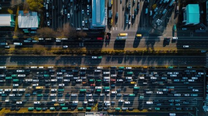 Aerial view of self driving cars and trucks in modern city highway