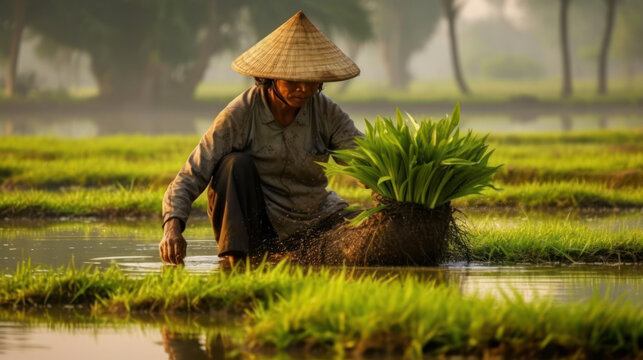 man harvesting in paddy field with water. generative ai