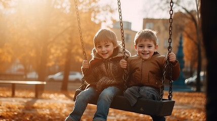 Kids swing, Cute Cheerful little children boys friends having fun together on playground outdoors summer  park. outside garden, Happiness embracing and bonding, Friendship concept. generetive ai