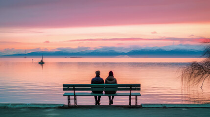Naklejka na ściany i meble couple sitting on bench at sunset. generative ai