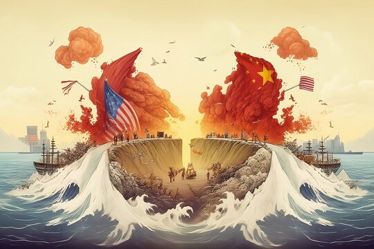 trade war between united states of america vs china with flag and nation comparison, generative AI