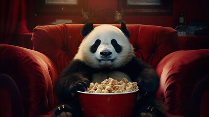 cute panda watching movie and eating popcorn Generative AI