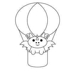 Cute cartoon Dragon on hot air balloon in black and white