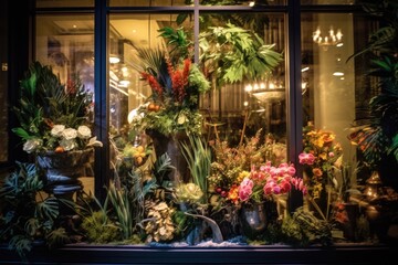 Fototapeta na wymiar Flower shop store window displaying a variety of plants and flowers