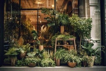 Store window with a variety of plants for sale