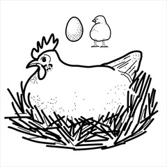 Happy chicken clipart. Farm Animals, Rooster, Hen, Bio Eggs, Coop, Chicks, Nest, Eco Village. Isolated elements. Stock illustration. Hand painted line art, doodle.