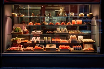 Sushi restaurant display counter with a variety of products