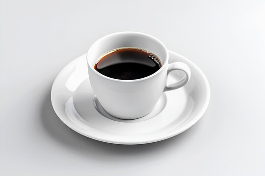 White cup with black coffee and saucer on light background. Top view. Generative AI, illustration