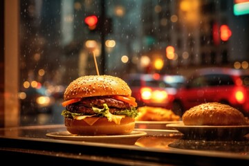 Delicious burgers in display at burger restaurant window