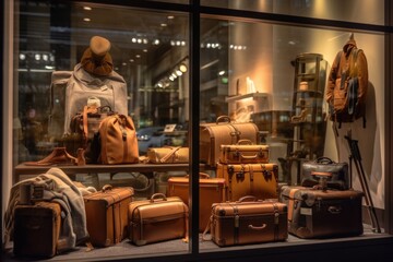 Collection of designer handbags displayed in high end fashion store window - obrazy, fototapety, plakaty