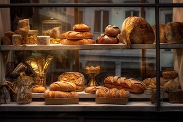 Store window with a variety of breads