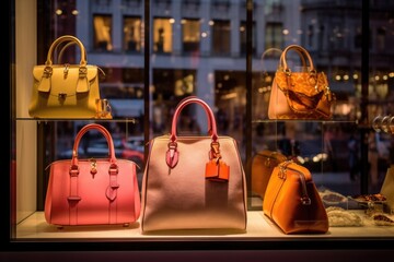 Collection of designer handbags displayed in high end fashion store window