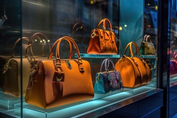 Collection of designer handbags displayed in high end fashion store window