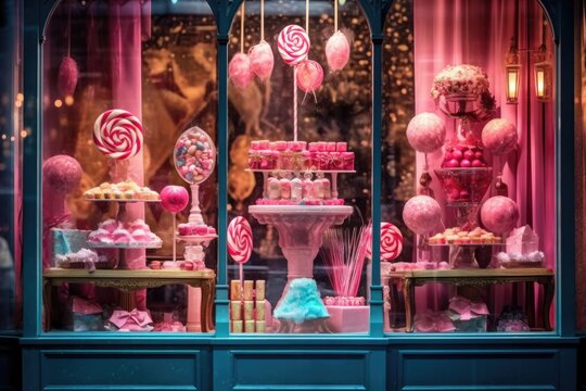 Colorful, beautiful pink candy shop window