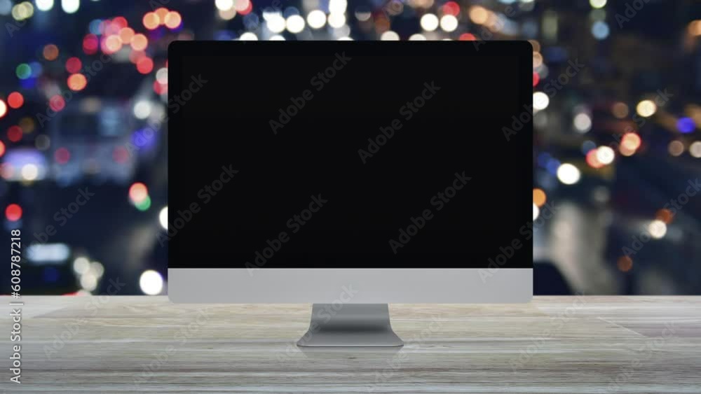 Poster microphone flat icon on desktop modern computer monitor screen on wooden table over blur colorful ni