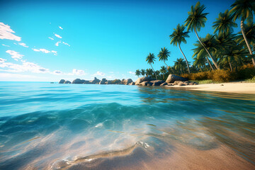 Fototapeta na wymiar Fabulous seascape of the coast with sand and palm trees. Great summer vacation. Generative AI, illustration