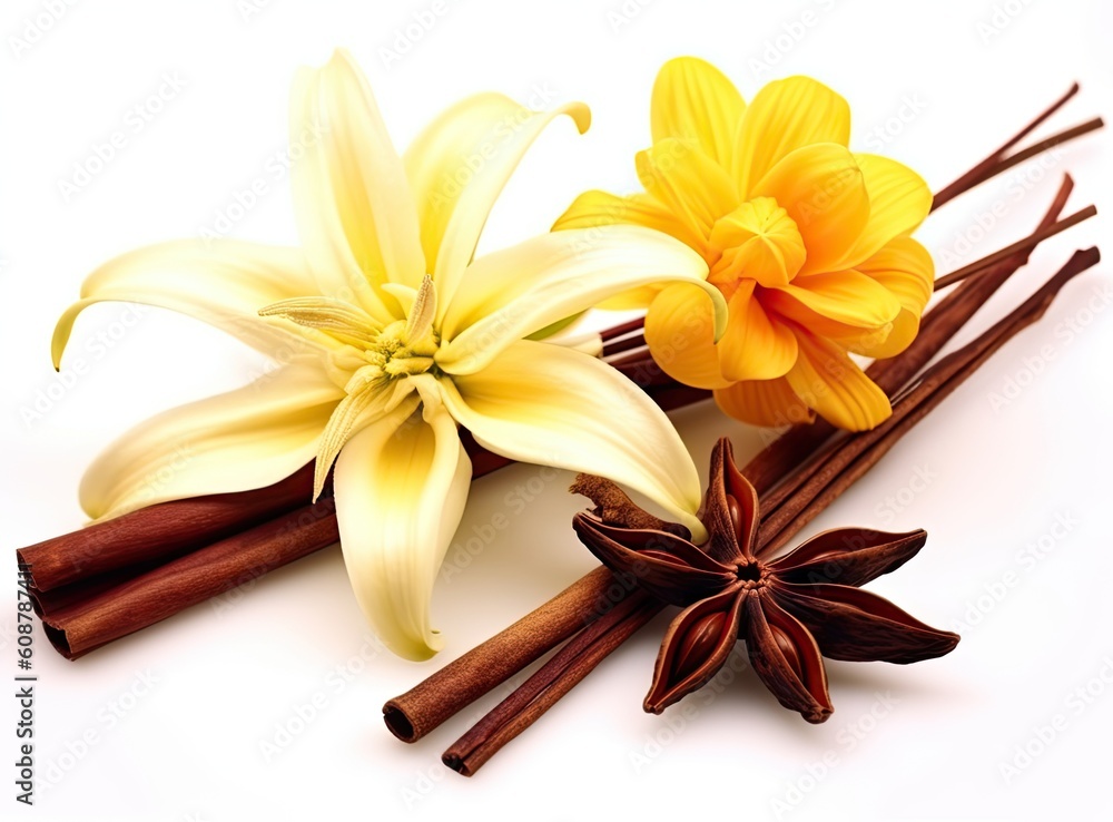 Poster set with vanilla pods and yellow orchid with sticks. created with generative ai technology