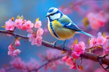 Fototapeta premium Little bird sitting on branch of blossom cherry tree. Generative AI.