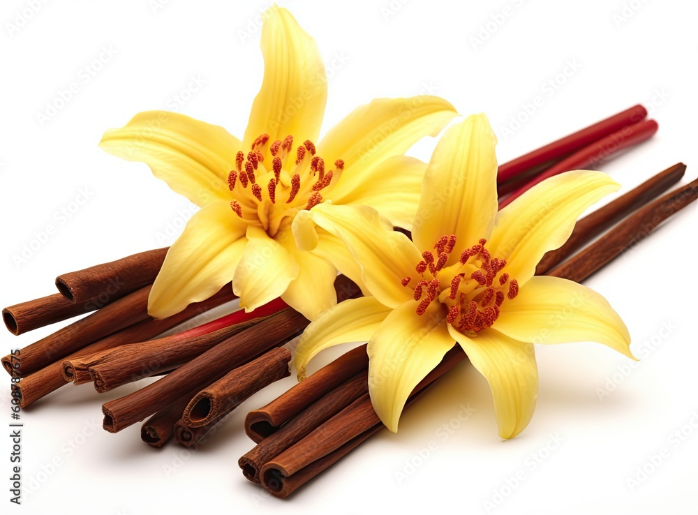 Poster set with vanilla pods and yellow orchid with sticks. created with generative ai technology