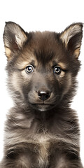 a cute, Vertical Format, Timberwolf pup, fluffy, playfull, healthy and fun loving, Wildlife-themed, photorealistic illustrations in a PNG, cutout, and isolated. Generative AI
