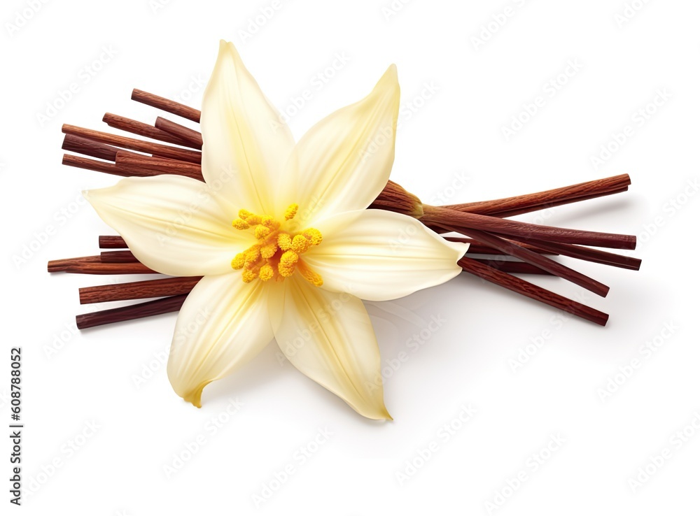 Poster set with vanilla pods and yellow orchid with sticks. created with generative ai technology