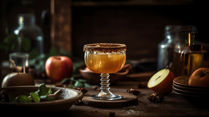 Alcohol cocktails penicillin on wooden background with harsh shadows. Trendy concept cocktail menu. Set of cocktails on dark wooden background. Bartender cocktails in provance style.  Ai generative