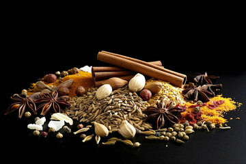 different ingredients and spices on dark background