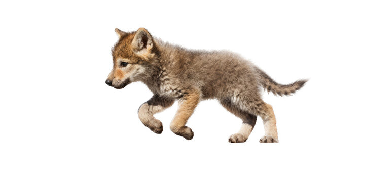 a transparent PNG of a Wolf pup trotting in motion in a side view as an isolated, photorealistic illustration. Generative ai