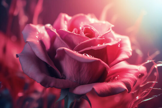 translucent red rose in dew drops close up