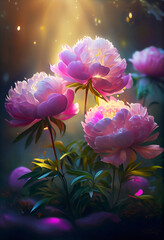 blooming pink flowers in fantasy glow close up