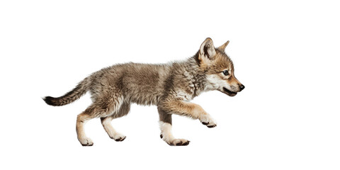 Fototapeta premium a transparent PNG of a Wolf pup trotting in motion in a side view as an isolated, photorealistic illustration. Generative ai