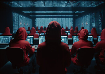 Hackers with hoodies. Hacker group, organization or association Generative AI
 - obrazy, fototapety, plakaty