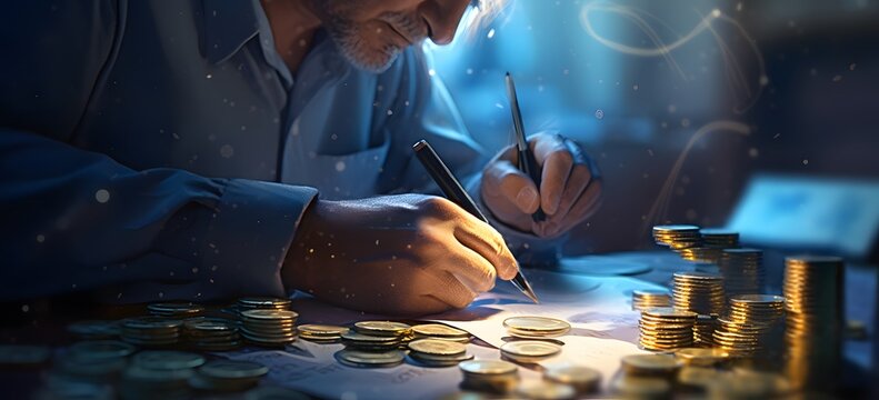 businessman writing coins and notes on a tablet with a cost and quality arrow