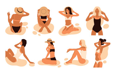 Collection of women with sunburn. Girl with sunstroke set. Sun tanning and UV exposure, body skin care and protection. Vector illustration in cartoon style. Isolated background