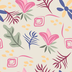 Seamless floral background with abstract cute flowers and leaves. Vintage pattern in doodles art style. Design for cloth, wallpaper, gift wrapping. Print for silk, calico and home textiles